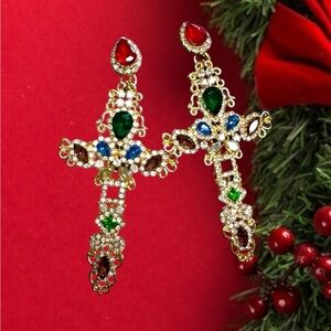 3” multicolored rhinestone cross earrings pierced stud dangling Christmas new